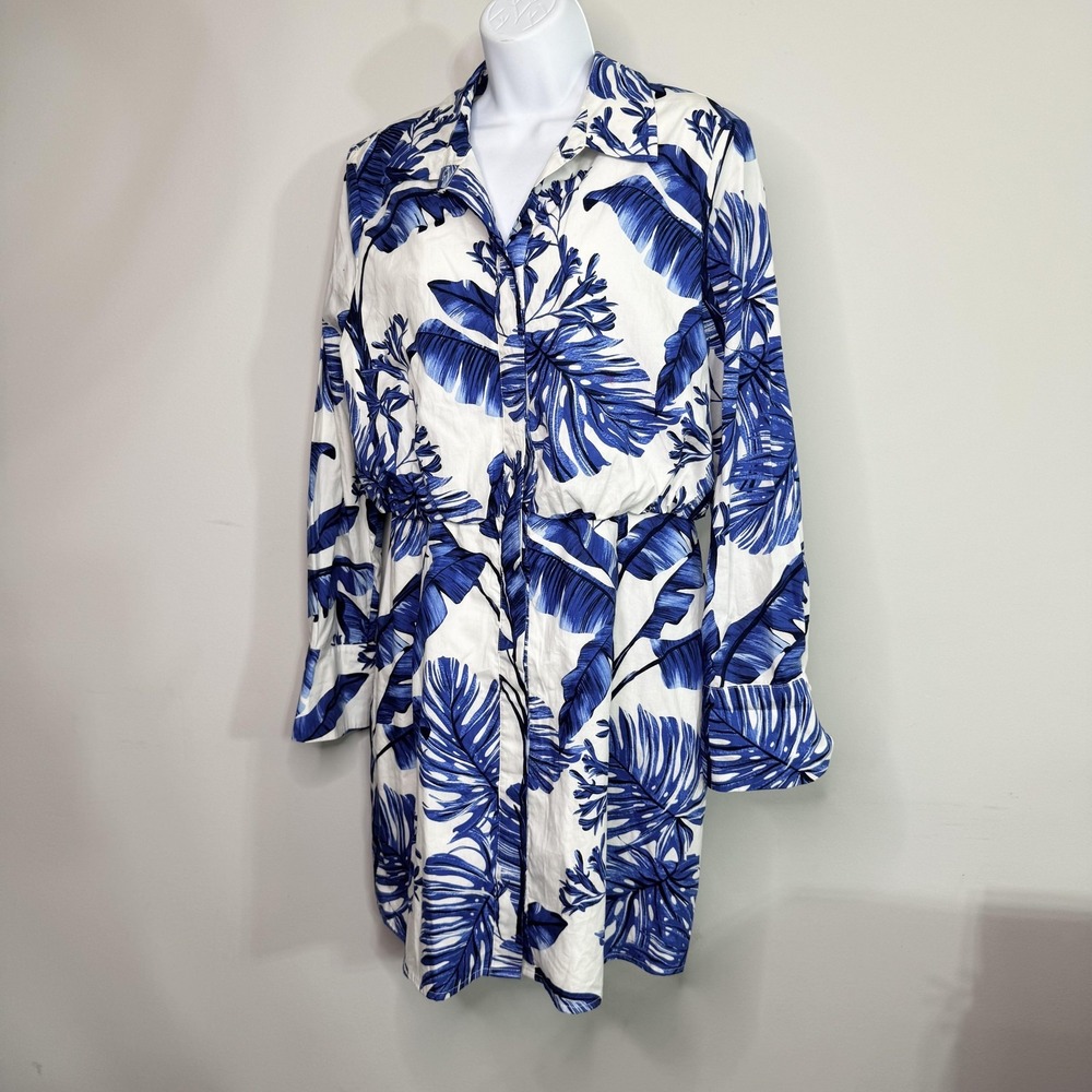 BCBG Dress Womens Large Blue White Palm Print Long Sleeve Belted Shirt New